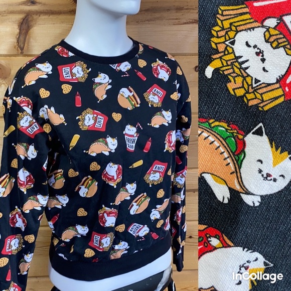 Tops - Funny cat taco hamburger sweatshirt long sleeve top black small doughnut fries